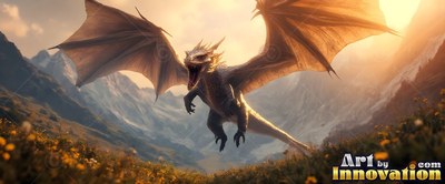 Above a sunny mountain valley, a winged dragon soars through the air with open jaws