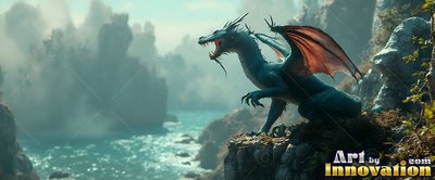 Perched on a rocky cliff, a blue winged dragon opens its mouth to roar over a misty sea cove