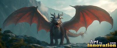 Dragon stands on rocks with red wings spread wide