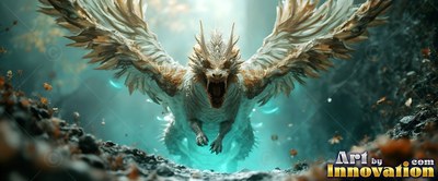 Feathered wings wide, a white dragon lets out a roar as it flies low through a deep dark woods path