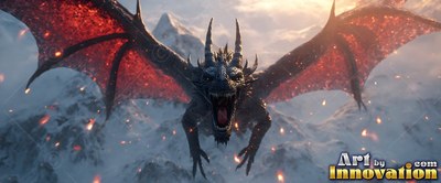 A horned black dragon swoops forward with open jaws, spreading red wings over snowy mountains