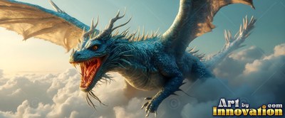 Banking with spread wings above white clouds, a dragon with blue scales lets out a roar