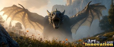 A winged dragon roars with open jaws in a misty field of orange flowers