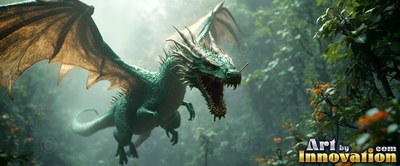 In a misty green forest, a horned turquoise dragon swoops with its mouth open wide