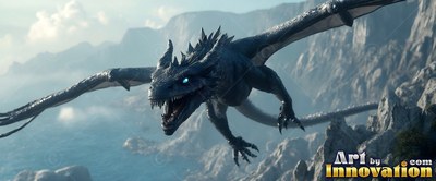 Gliding forward, a black dragon flies above rocky cliffs and the blue sea