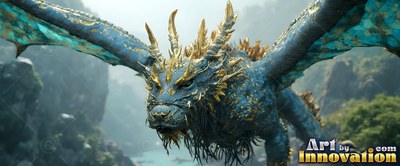 Dragon with gold horns flying through a misty mountain valley