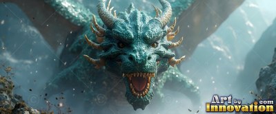 A teal dragon snarls with an open mouth with open jaws in the bright mountain sunlight