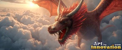 Flying with wings spread above sunlit clouds, a red dragon roars