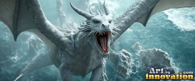 A horned white dragon ro ars with open wings over choppy sea water