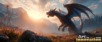 In a mountain valley at sunrise, a dark dragon lets out a roar with open wings