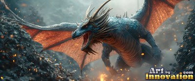 Roaring with wings spread wide, a dragon with blue scales crawls forward through smoke and fire sparks