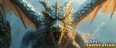 A horned gray dragon lets out a roar with its wings spread wide in a misty sky