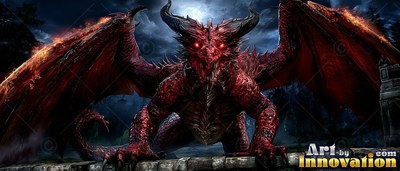With curved black horns, a red dragon crouches on a stone ledge beneath the night sky