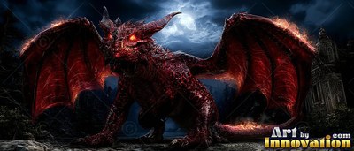 A red large-horned dragon crouches with open wings under pale blue moonlight