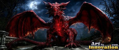 Crouched on a stone terrace, a red dragon spreads wide wings under the moon