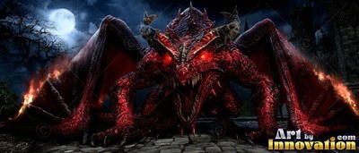 A red dragon with burning wings crouches on a stone path under a full moon