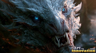In the dark, a white dragon with blue eyes bares its sharp teeth