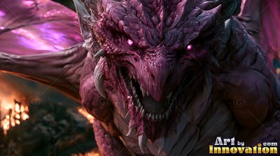Snarling before flames, a purple dragon with large wings bares sharp teeth