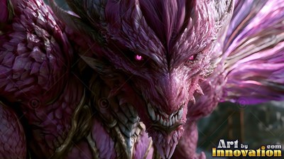 Pink scaled dragon with sharp teeth and bright red eyes