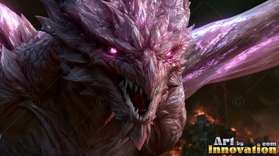 Spiky purple scales cover a snarling dragon with bright eyes near fires in the dark