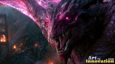 A purple dragon snarls over a ruined city with bright pink light shining from its eyes and wings