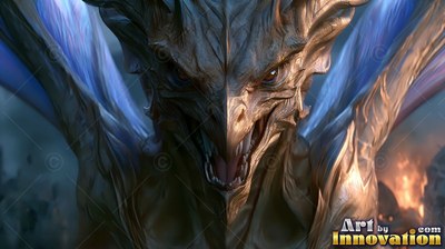Facing forward, a golden dragon snarls with blue wings spread out