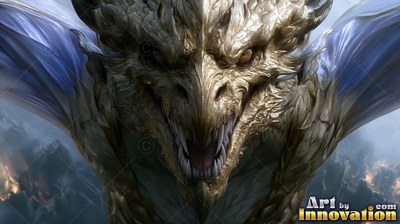 A gold dragon snarls forward with its blue wings spread wide in a smoky sky