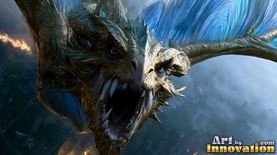 In a smoky sky, a horned green dragon dives down with its mouth open wide in a roar