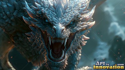 Roaring with open jaws, a spiky white dragon stares ahead in misty gray light