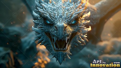 An ivory dragon roaring with bright blue eyes in warm light