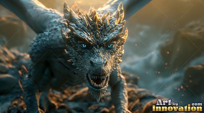 Spiky scales cover the head of a gray dragon crawling forward over rocky ground in warm light