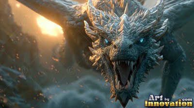 A spiky gray dragon opens its mouth to roar in the warm sunlight