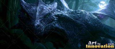 Crouching low in a deep dark woods, a purple dragon stares ahead with green eyes