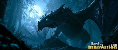 A dark winged dragon crawls through a moonlit pine forest with bright green eyes