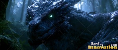 In a dim forest, a scaly black dragon rests with bright green eyes
