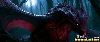Resting in a forest at night, a horned red dragon spreads its wings under blue moonlight
