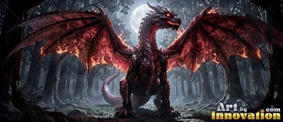A black dragon spreads fiery wings in a dim forest under a full moon