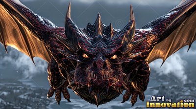 A dragon with two horns flies forward with open wings shining with warm light
