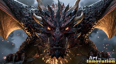 A horned black and red dragon crouches low with wide wings and yellow eyes