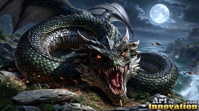 Under a bright full moon on a rocky shore, a green scaled dragon snarls with open jaws