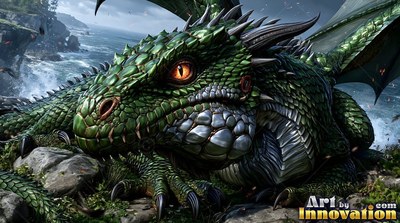 Resting on a rocky cliff, a horned green dragon stares ahead by the rough sea