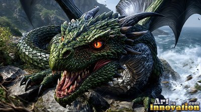 A green dragon opens its mouth to roar on a rocky cliff above the sea
