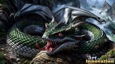 Green scaled coils wrap across rocks as a large-horned dragon sn arls by the sea