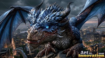 A horned dragon crouches above a nighttime city with bright blue eyes