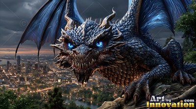 Crouched on a rocky cliff, a dragon looks over a night city
