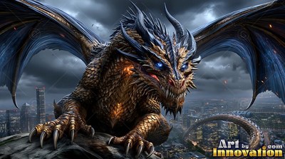A golden dragon perches on high rocks over a dark city at night
