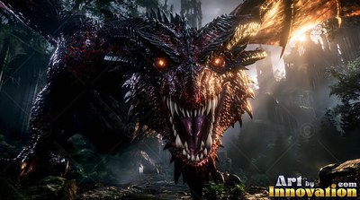 In a dark forest, a black and red dragon roars with its sharp teeth showing