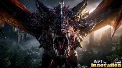 Roaring with wings spread wide, a dark spiky dragon stands before castle ruins