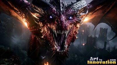 A red dragon gives a loud roar with open jaws over dark castle ruins