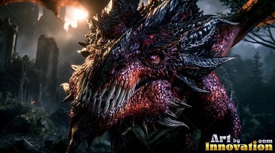 Long white teeth line the dark red scales of a dragon outside ruined stone towers
